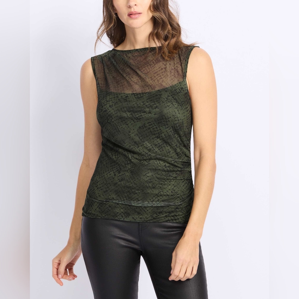 Nine BrittonSleeveless Illusion Mesh Ruched Knit Top